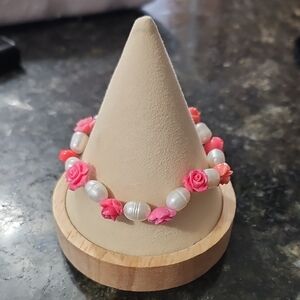 Handmade Pink Rose & Pearl Bead Bracelet